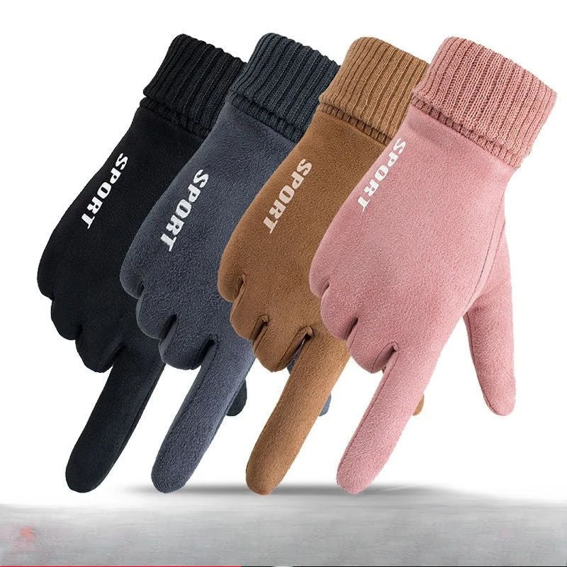 Suede Gloves for Men and Women, Winter Insulation, Warm Touch Screen, Thickened Velvet, Cycling, Driving, Cycling, Cotton Gloves