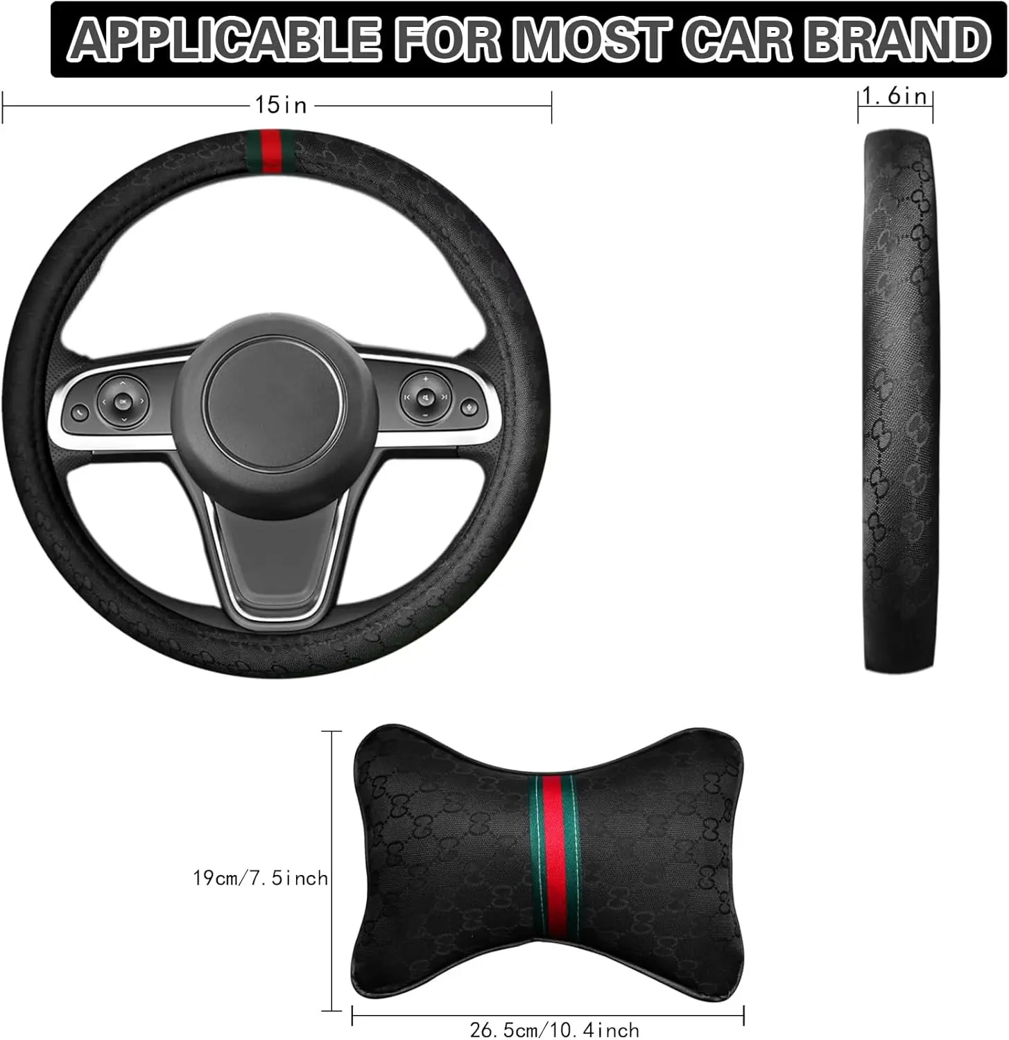 Universal 5PCS Steering Wheel Cover Set with Headrests & Seat Belt Covers, Enhances Driving Comfort for Women (Black) - Image 2