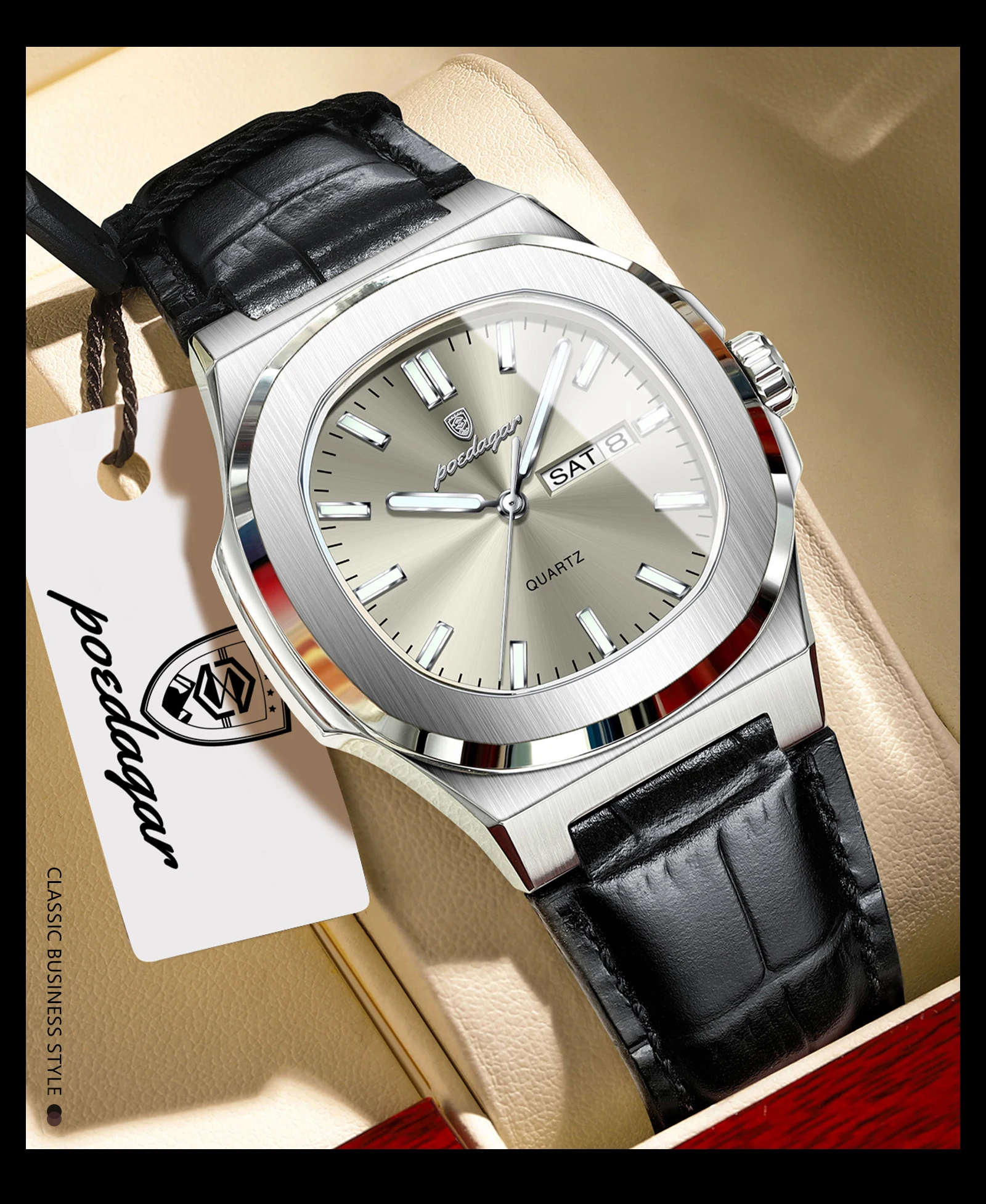 POEDAGAR Top Casual Herrenuhr Leuchtend Wasserdicht Leder Business Herren-Armbanduhr mit Wochentag und Datum Quarz Mode Herrenuhren Reloj – Detail 17