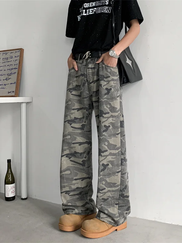 

Американские ретро-джинсы в камуфляжном стиле, свободные повседневные брюки прямого кроя, прочные, в стиле High Street, широкие брюки для мужчин