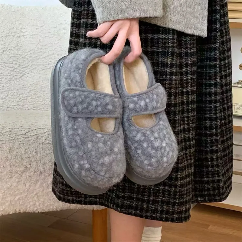 

Зимняя противоскользящая универсальная хлопковая обувь для женщин, туфли Мэри Джейн на толстой подошве для девочек, милые хлопковые тапочки