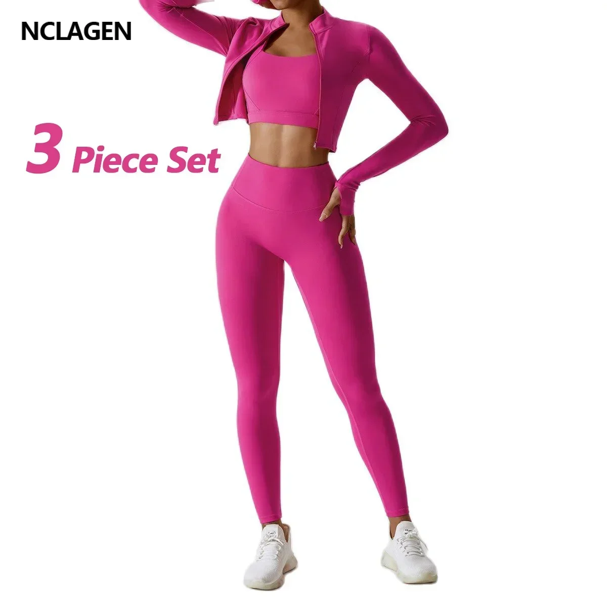 Women Sportwear 3 Piece Set Yoga Top Jacket Pants Leggings Sports Bra Scrunch Shorts Gym Workout Clothes Fitness Suits