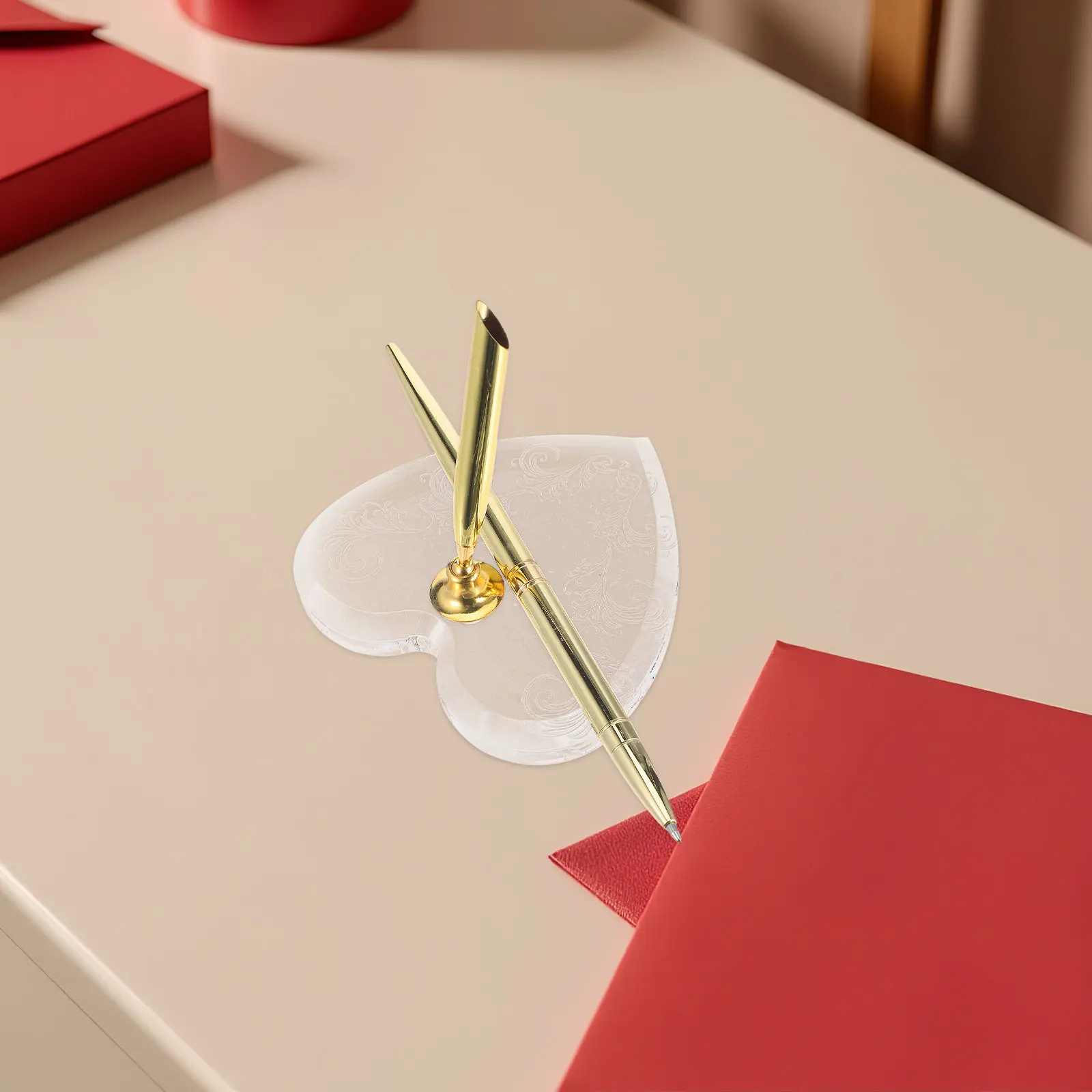 

Ручка для подписи с акриловой подставкой в форме сердца, золотая металлическая шариковая ручка для свадебной гостевой книги, церемоний, приемов, юбилеев, помолвок