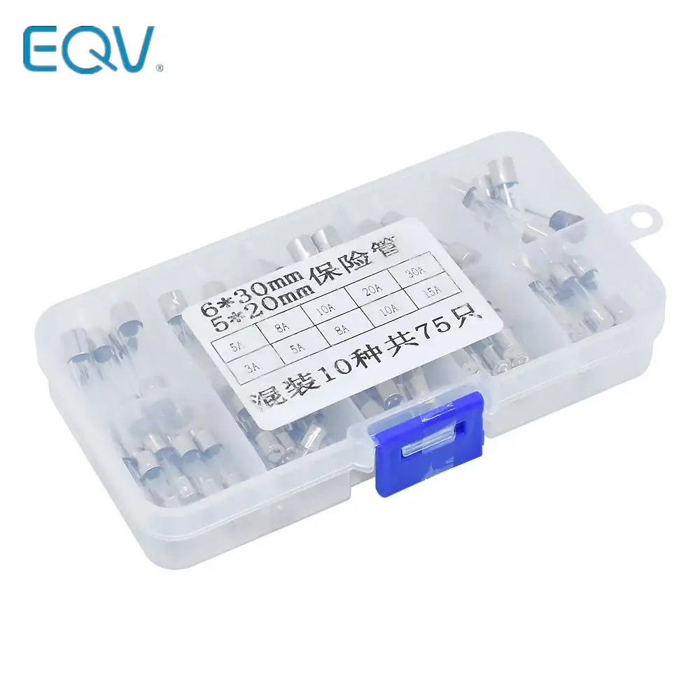 75pcs/lot/box High quality glass fuse tube 250V 5*20mm / 6*30MM fuse box mixed package 3A/5A/8A/10A/15A/20A/30A