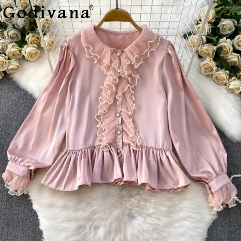 

Spring Summer French Court Gauze Splicing Pearl Ruffles Long-sleeved Shirt Women Heavy Industry Fashion Retro Satin Lolita Top