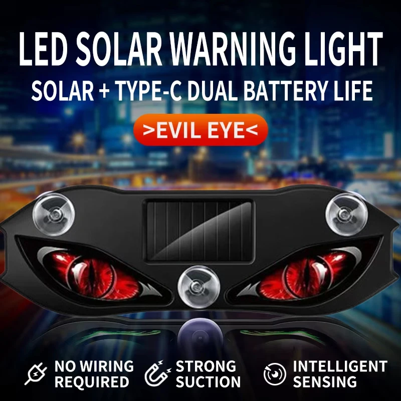 1PC Universal Creative Car Demon Eye Light Cool Flashing Solar Warning Light Dynamic Safety Vehicle Signal Lights