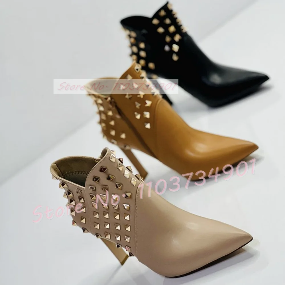 

Gold Metal Rivets Ankle Boots Women Fashion Pointy Toe Side Zipper Boots Ladies Retro Solid Big Size Thin High Heels Shoes