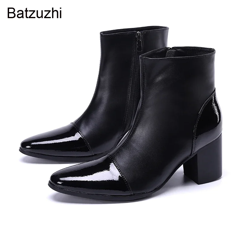 

Batzuzhi Black Genuine Leather Boots Men Pointed Toe Men Boots 7CM High Heels Handsome Knight Botas Hombre Party /Wedding Men