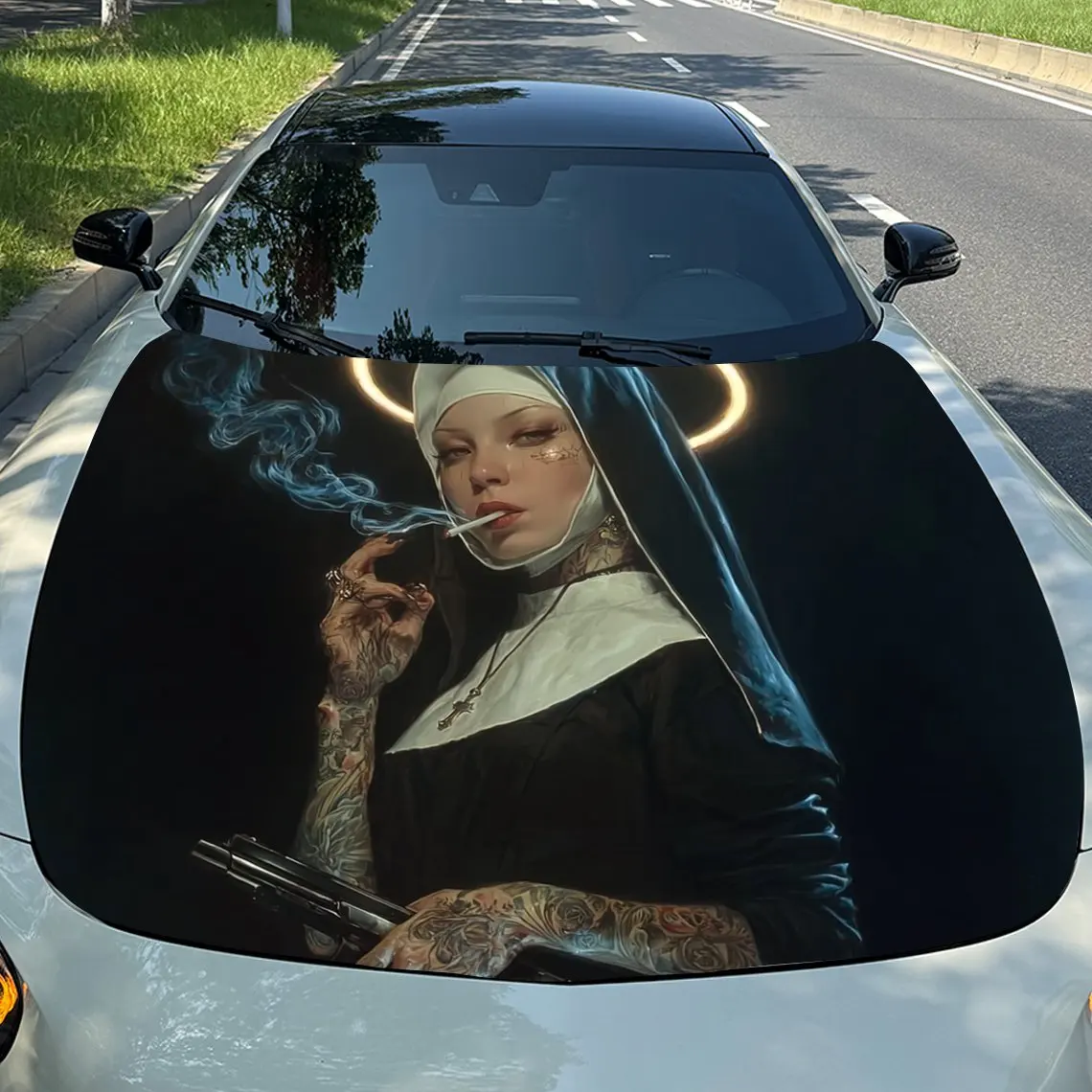 

The Nun With A Gun Car Hood Decal Sticker - Durable Vinyl Wrap For Cars, Trucks, SUVs - Weather-Resistant Protective Film, Easy