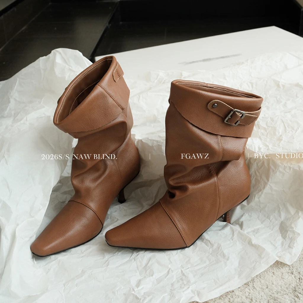 2026 new autumn winter women mid-calf boots 22-25cm split leather+fabric+pigskin square toe buckle women modern boots fashion