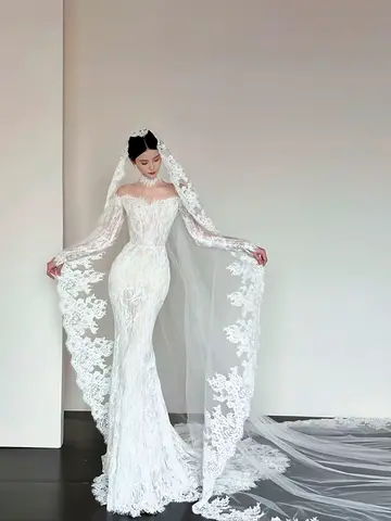 Customized Gorgeous Lace Off The Shoulder Lace Mermaid Wedding Dress Sexy Long Sleeve See Through Vintage Bridal Dresses