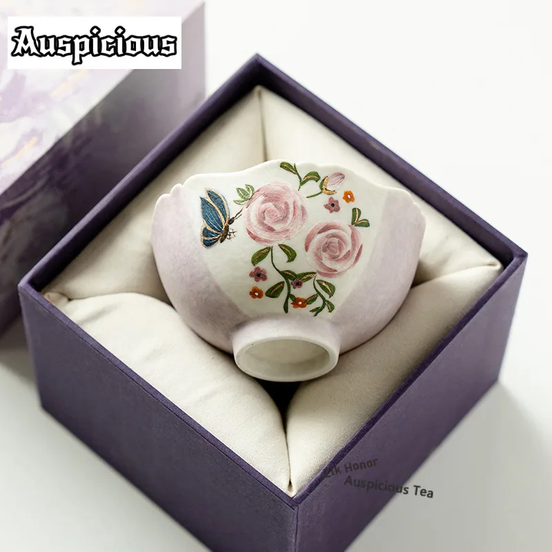 

95ml Pure Hand-painted Butterfly Rose Flower Mouth Teacup Tea Bowl Mug Tea-tasting Meditation Cup Jianzhan Master Cups Tea Set