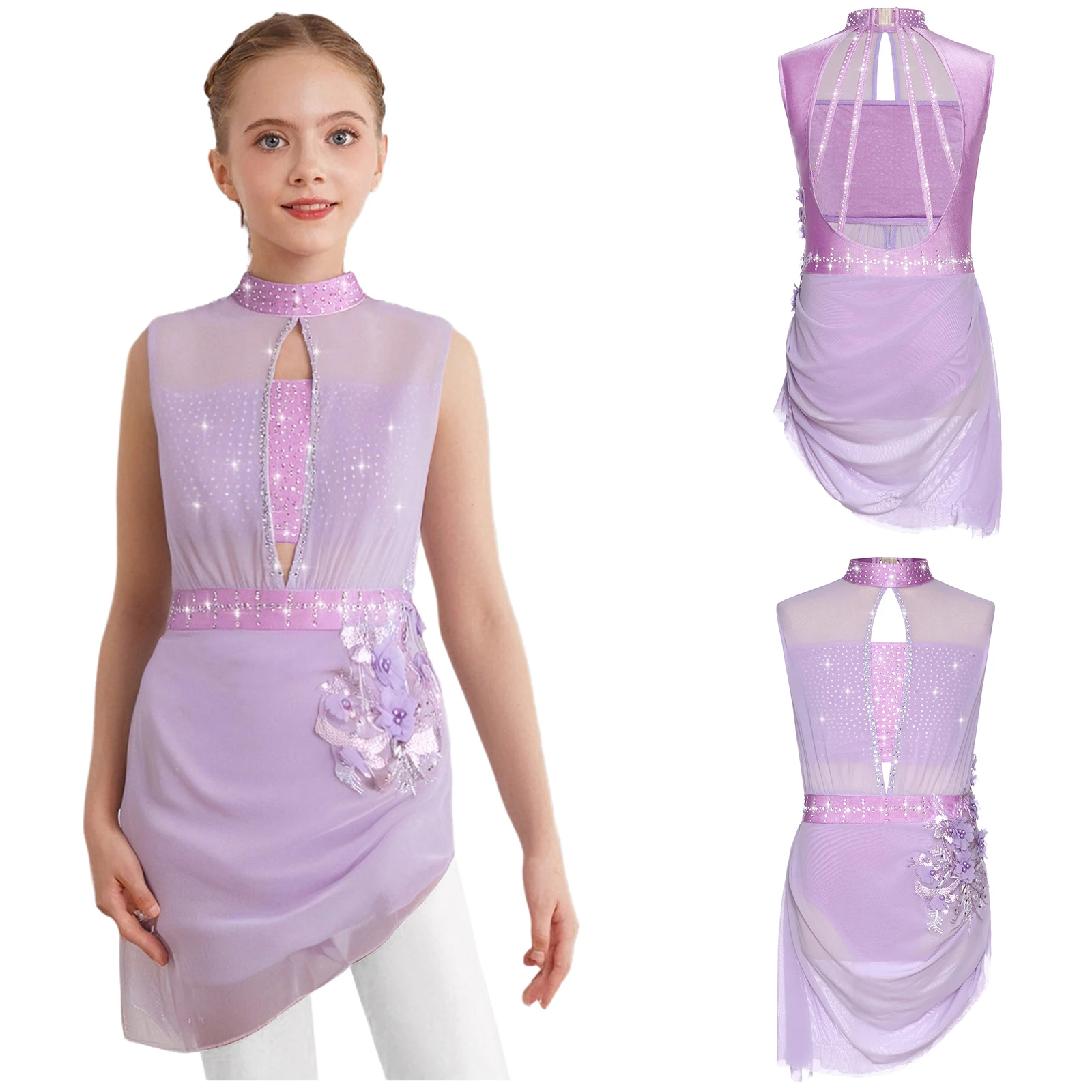 

Kids Girls Figure Skating Dancewear Ballerina Costume Ballet Dress Sleeveless Backless Cutout Sheer Rhinestones Lyrical Dress
