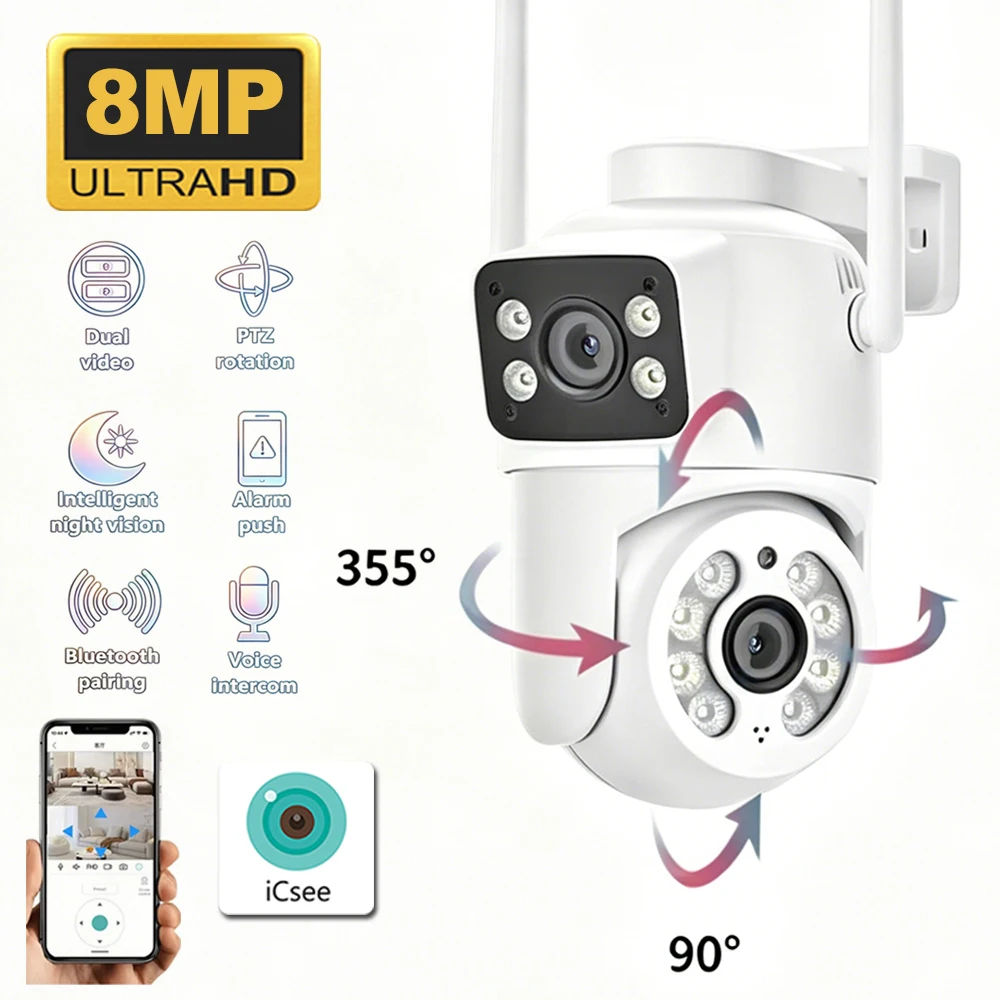 8mpデュアルレンズデュアルスクリーンセキュリティカメラ屋外防水ptz-wifi-ipカメラ自動追跡機能付き双方向音声cctv監視カメラ
