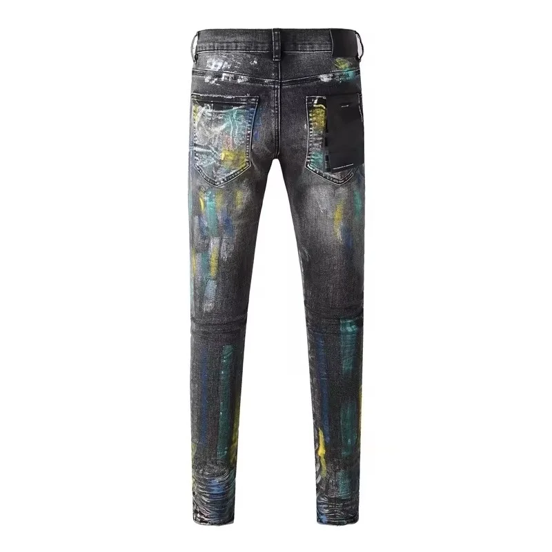 Top quality Purples men jeans Fashion American Streetwear Black gray Repair Low Rise Skinny Denim brand Tie dye paint pants