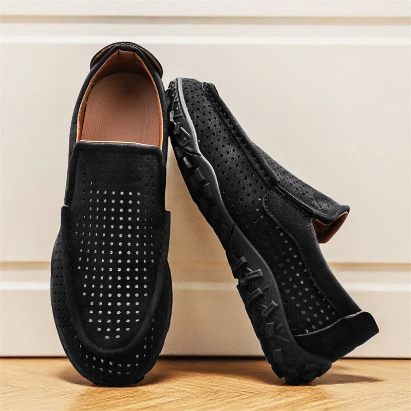 

Hollow Out Summer Loafers Luxury Genuine Leather Mens Shoes Suede Male Casual Shoes Breathable Soft Driving Shoes Walking Shoes