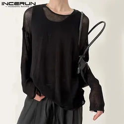 INCERUN Tops 2024 Korean Style New Men's Hollowed Knitted Design T-shirt Casual Streetwear Male Thin Long Sleeved Camiseta S-5XL