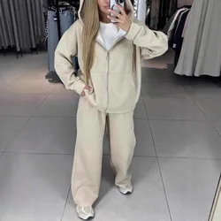2 Piece Sets Women Outfit 2025 Autumn New Sports Set Long Sleeves Zipper Hooded Sweatshirts & Casual Pocket Wide Leg Pants Set