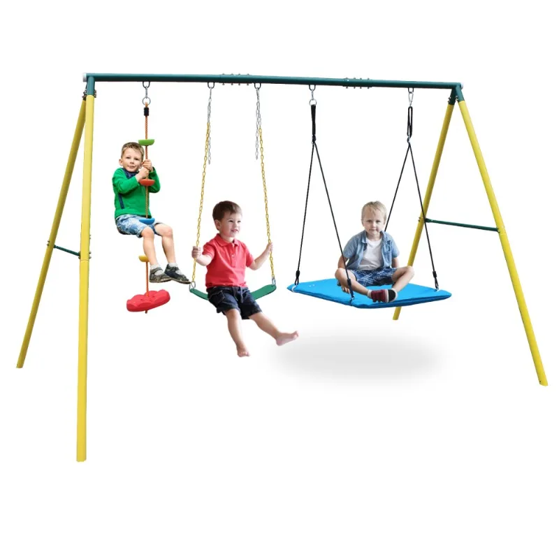 Multi-Swing Set voor kinderen met schotel en zweefvliegtuig Buiten Achtertuin Speeltuin Schommelcombinatie Multi-activiteit speelgoed voor kinderen