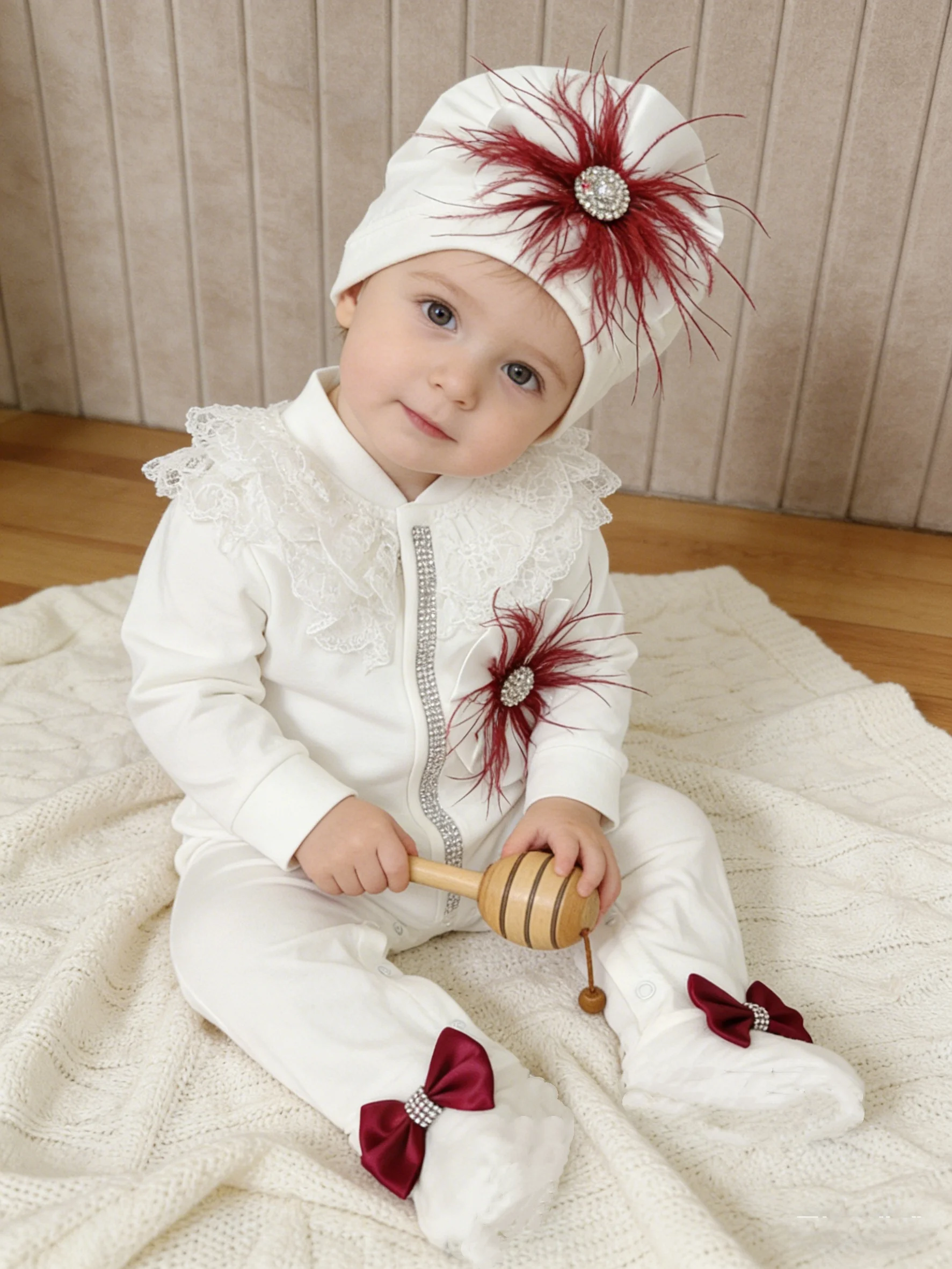 Luxury French Newborn 3Pcs Outfit Set Burgundy Ostrich Feather Rhinestone Lace Collar Footed Romper For Baby Full Month Birthday