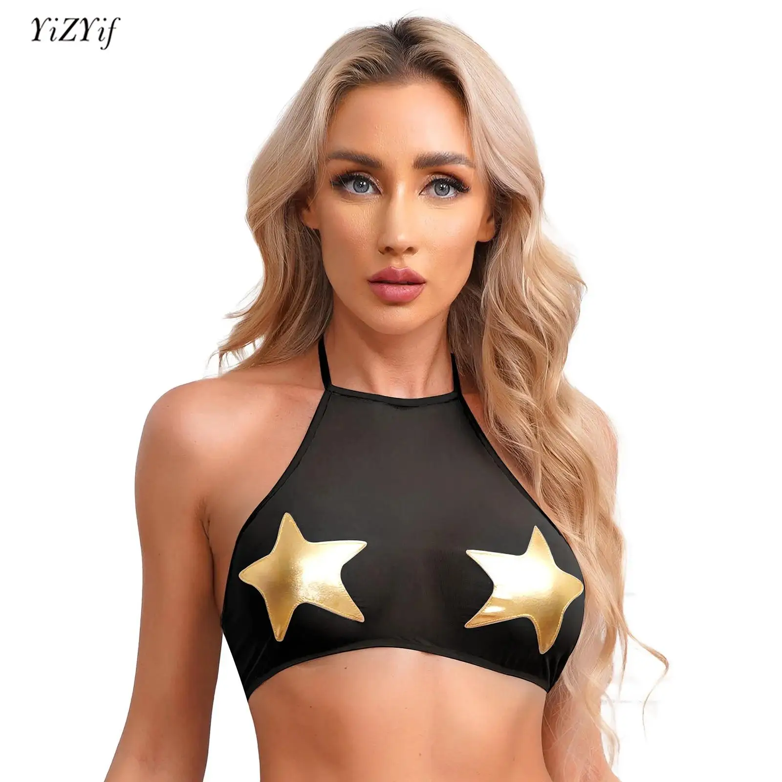

Womens Sheer Mesh Crop Top Fashion Metallic Star Self-tie Backless Camisole Shirt See-Through Vest Party Beachwear Clubwear HOT