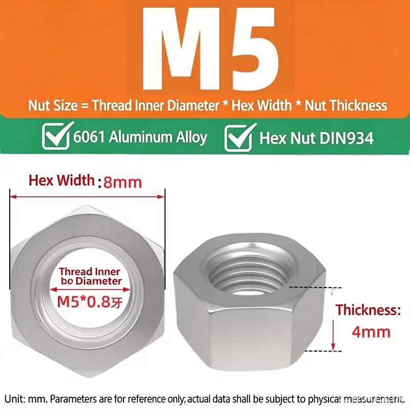 1/2/5/10/20/50/100Pcs 6061# Aluminum Alloy Hex Nut M2 M2.5 M3 M4 M5 M6 M8 M10 M12 M14 M16 M20 M22 M24 M30 Hex Hexagon Nut DIN934