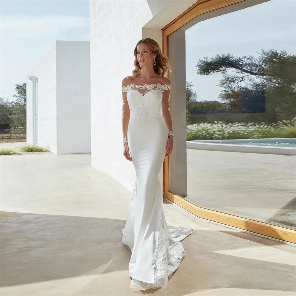 

Элегантное свадебное платье с вырезом лодочкой и юбкой-годе кружевные свадебные платья с аппликацией на пуговицах сзади с длинным рукавом атласные свадебные платья