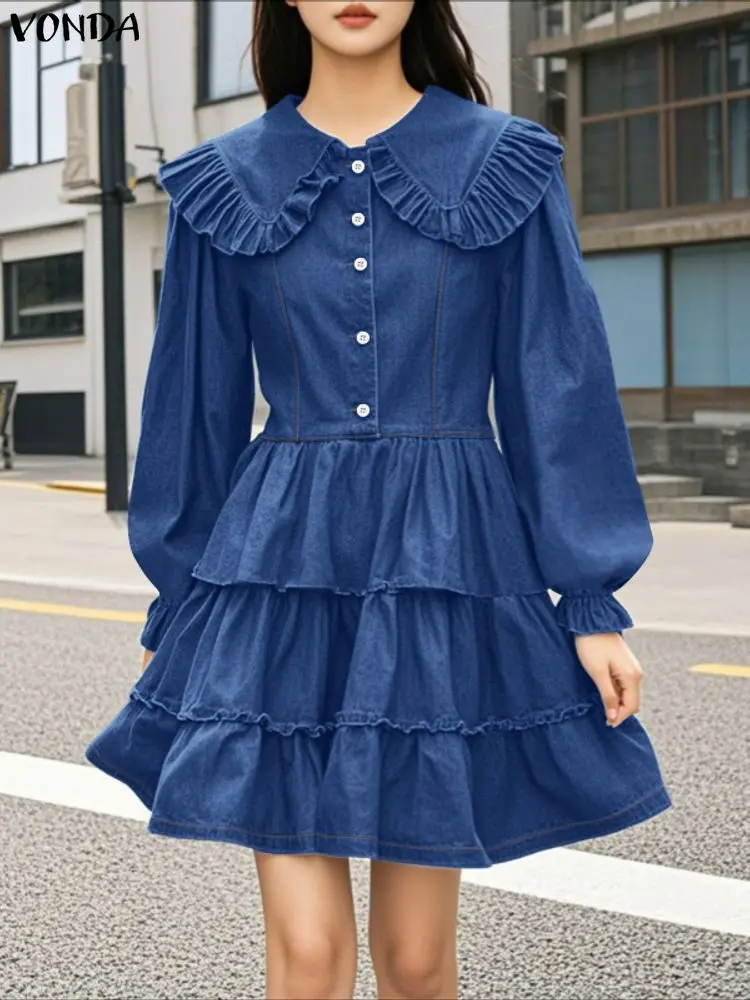 VONDA Fashion Shirt Dresses Women Long Sleeve Peter Pan Collar Elegant Party Vestidos Autumn Ruffled Casual Sundress Streetwear
