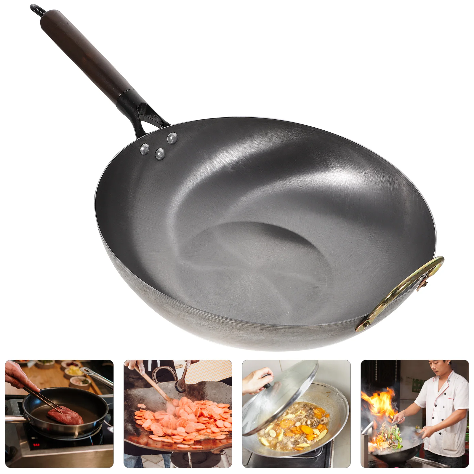 

Flat Bottom Wok Pan Iron Wood H Nonstick Smooth MultiFunction Fry Cook Grill Outdoor Camping Kitchen Supply