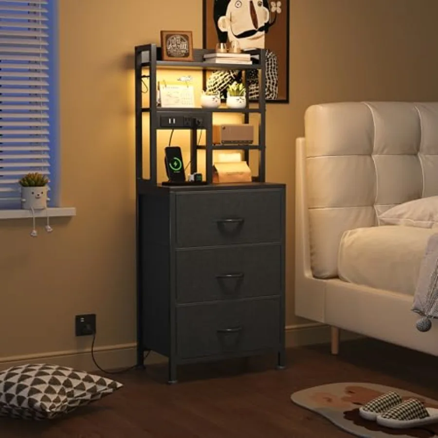 

Night Stand Tall Nightstand with Charging Station and LED Lights Side Table with 4-Tier Shelves and 3 Fabric Drawers 45.3" Tall