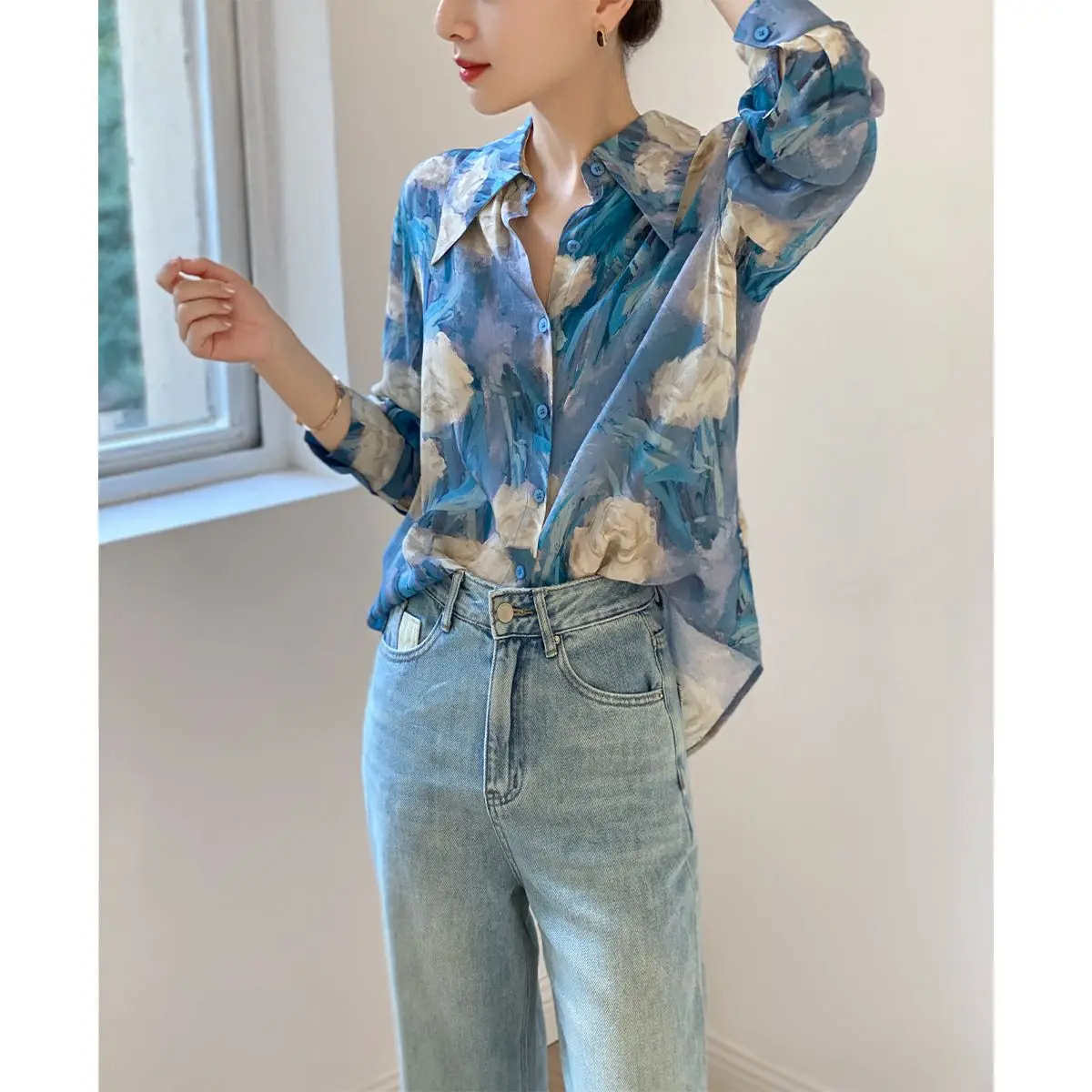 2023 New Spring Fashion Printing Turn-down Collar Long Sleeve Blouse Women Clothing Street Casual Buttons Loose Shirts Femme