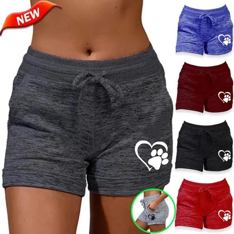 Women Fashion Cute Cat Paw Casual Shorts with Pockets and Drawstring High Waist Sport Stretchy Shorts Yoga Running Shorts