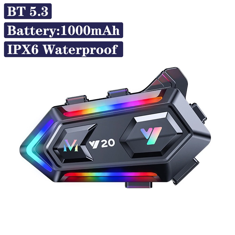 Y20 Wireless BT 5.3 Headset Headphone Motorcycle Helmet Motobike Hands-free Stereo RGB Colorful Lights Earphone 1000mAh