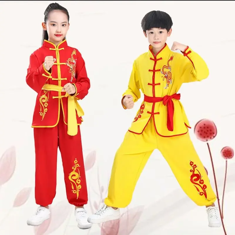 Fato infantil bordado em artes marciais, uniforme de Kung Fu, roupa de treino Wushu, performance infantil, estilo chinês, 2024