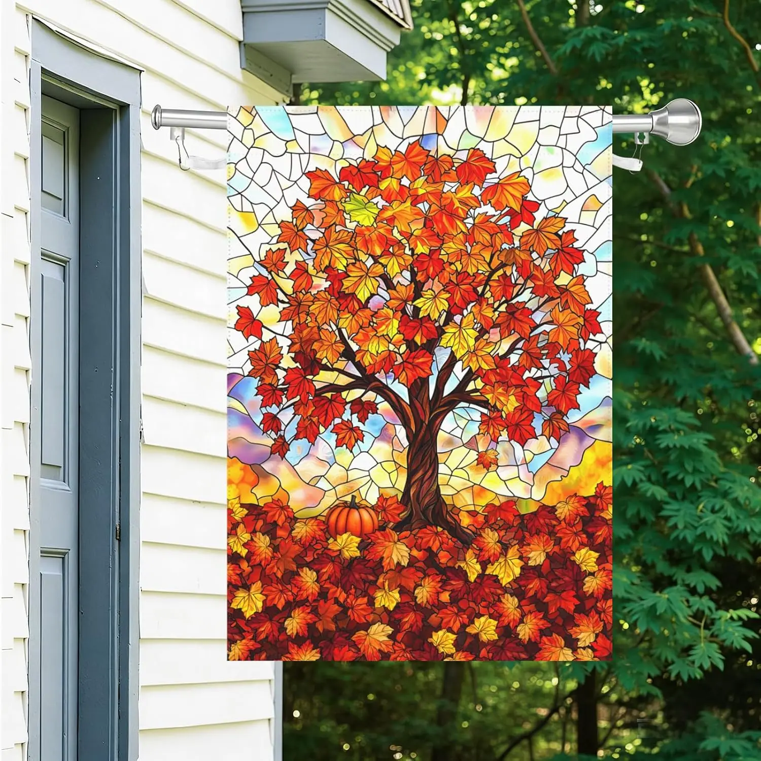 Fall House Flags for Outside 28 x 40 Double Sided Stained Glass Autumn Tree Life Garden Flag Thanksgiving Harvest Holiday De llp