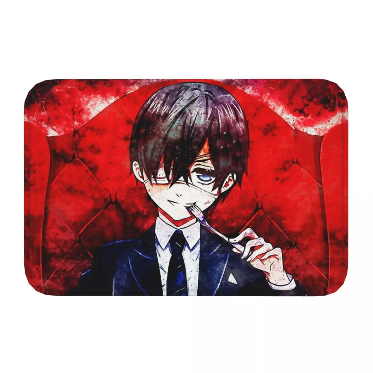 Black Butler Japanese Comic Anime Manga Bedroom Mat Ciel Phantomhive Smiling With Fork Doormat Flannel Carpet Outdoor Rug