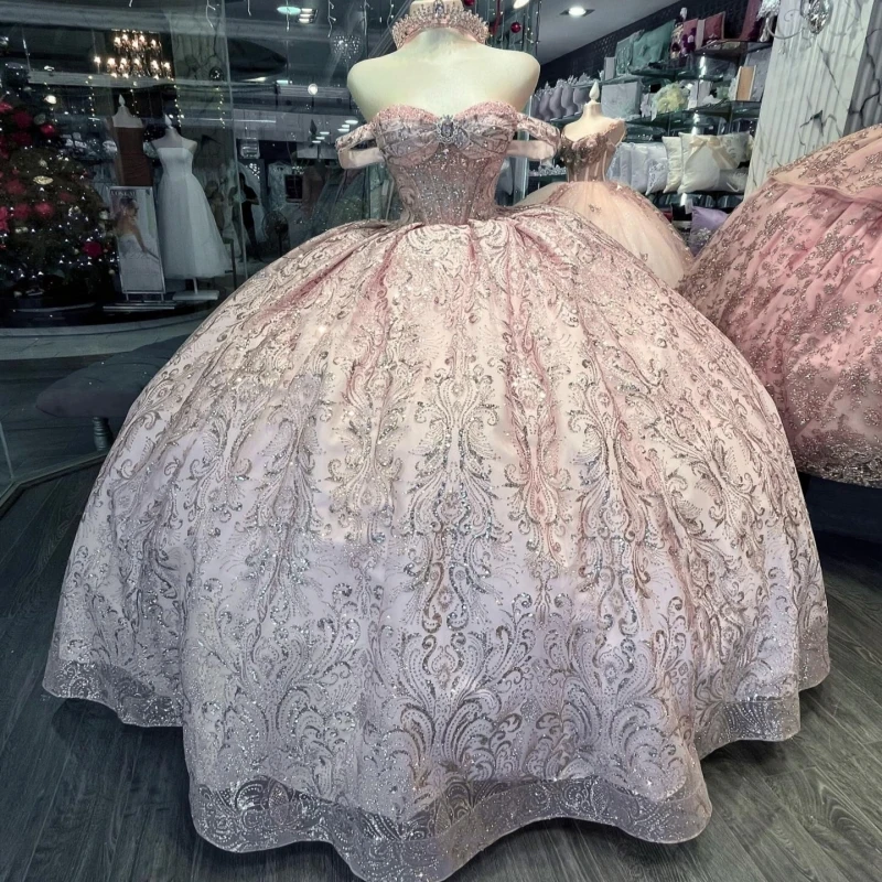 

Pink Shiny Quinceanera Dresses Off The Shoulder Sequin Applique Lace Beading Crystal Tull Party Birthday Sweet 16 Dress Vestidos