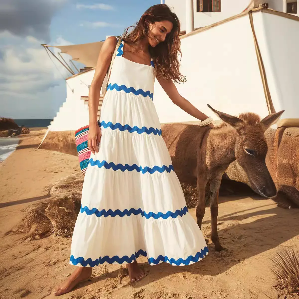 Wavy Pattern Splicing Spaghetti Strap Print Dresses Women Fashion Trendy Lady Long Dress Spring Summer New Vestidos Streetwear