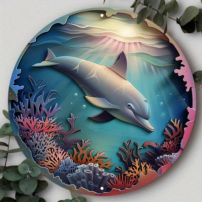 

Waterproof Aluminum Metal Dolphin Wall Art, Round 2D Ocean Life Decor Sign with HD Printing, Weather-Resistant for Home