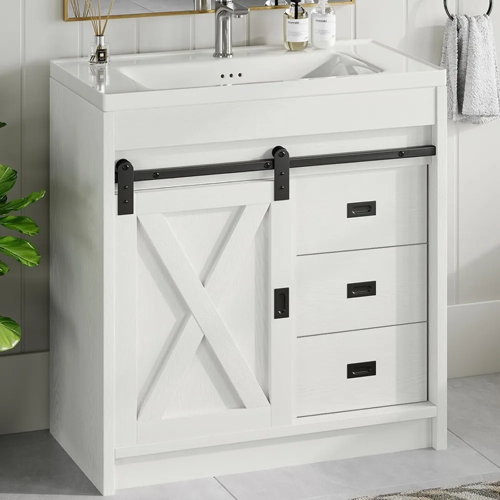 

31" Bathroom Vanity with Sink, White Sliding Barn Door Vanity Cabinet with Storage Drawers, Single Bath Storage Vanities Sink