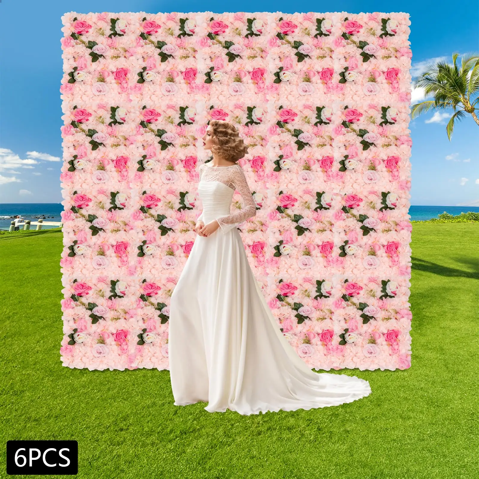 لوحة حائط على شكل زهرة خلفية زهرية، 6 قطع ديكور حائط على شكل زهرة، جدار وردي حريري مقاس 24 × 40.64 سم، خلفية جدار على شكل زهرة صناعية، تدفق صناعي