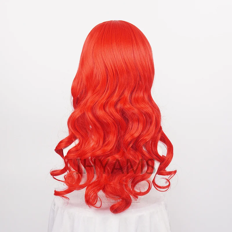 Peluca de Cosplay de princesa Ariel de la Sirenita de Anime de 65cm, peluca de juego de Halloween, pelo ondulado rojo sintético para fiesta y escenario + gorro de peluca