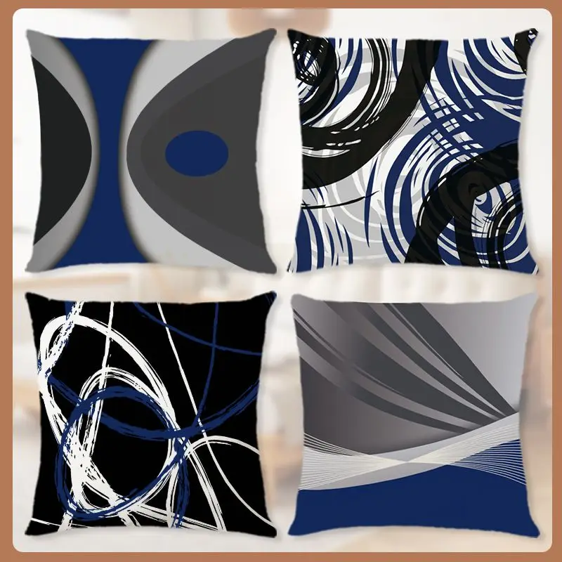 VIKAMA Minimalist Abstract Cushion Cover Navy Blue Black Gray Geometric Pattern Pillow Cover Couch Home Decoration