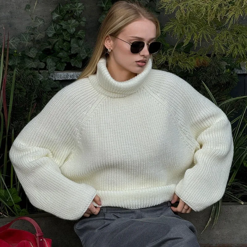

Ticketsx Fall High Neck Loose Backless Slit Knit Pullovers Top White Casual Warm Sweater Office Lady Streetwear Women Pullovers