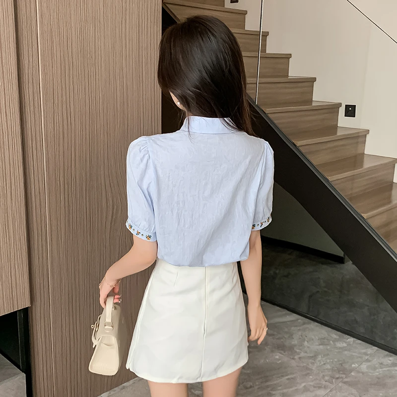 Cotton Embroidered Women's Shirt Summer Casual Womens Tops Short Sleeved Blouse Spring Sweet Female Clothing White Shirt Women