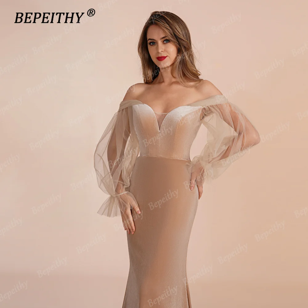 BEPEITHY Customized Mermaid Evening Dresses Formal Special Occasion Floor Length Women Off The Shoulder Puff Sleeves Prom Gown