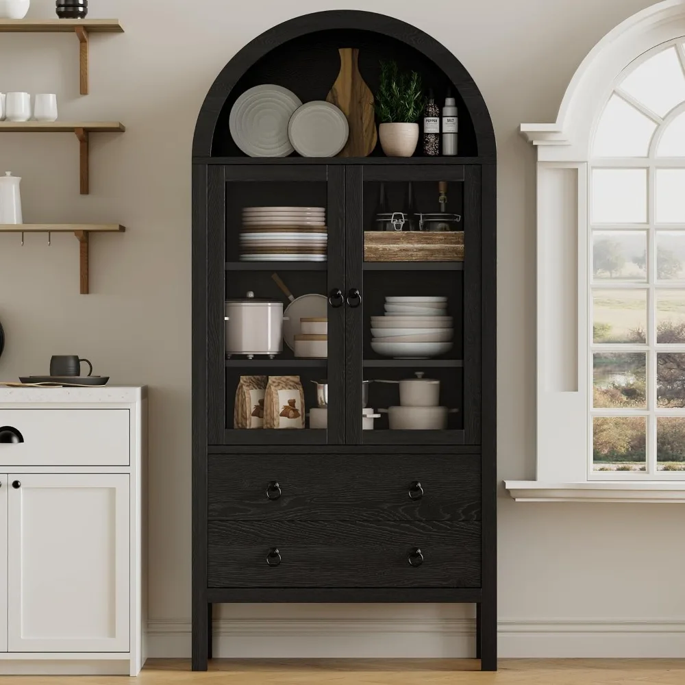 Tall Arched Kitchen Pantry Cabinet with Doors, Wooden Storage Display Bookcase Featuring 2 Large Drawers