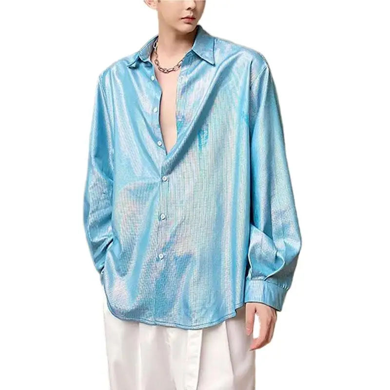Oversize Men Loose Casual Shirt Turn Down Collar Shiny Performance Top Korean Style Blue / Silver
