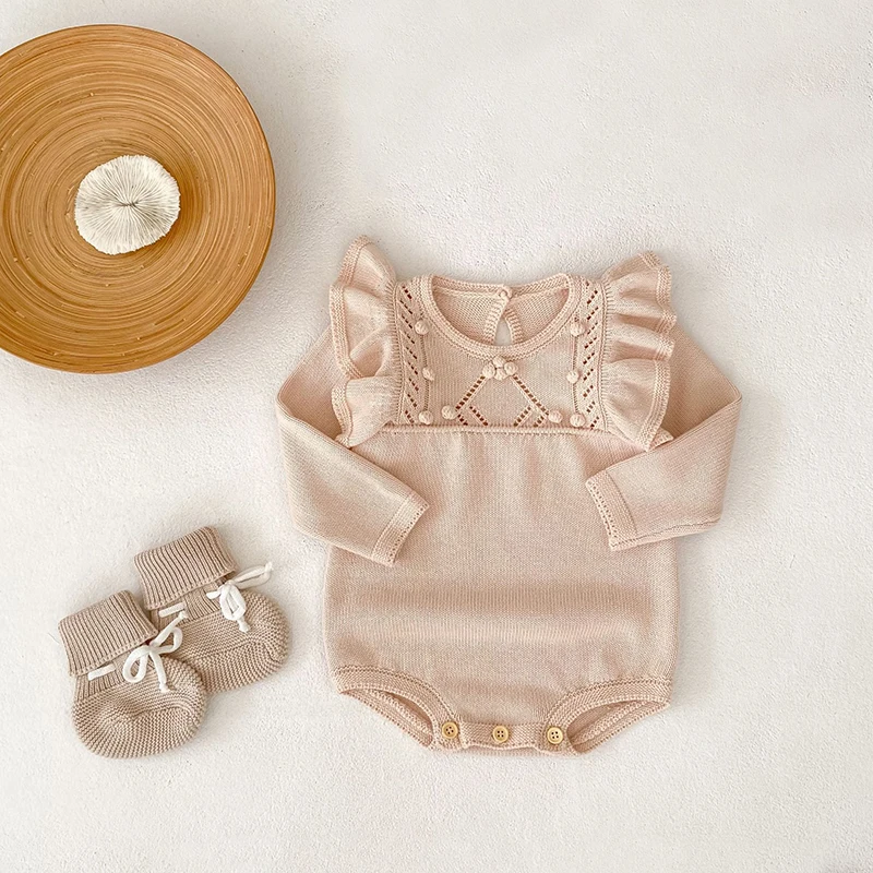 ربيع الخريف الطفل محبوك رومبير طفلة 0-24 متر رومبير طويلة الأكمام الوليد الصلبة الدانتيل طويلة الأكمام الملابس الرضع حللا