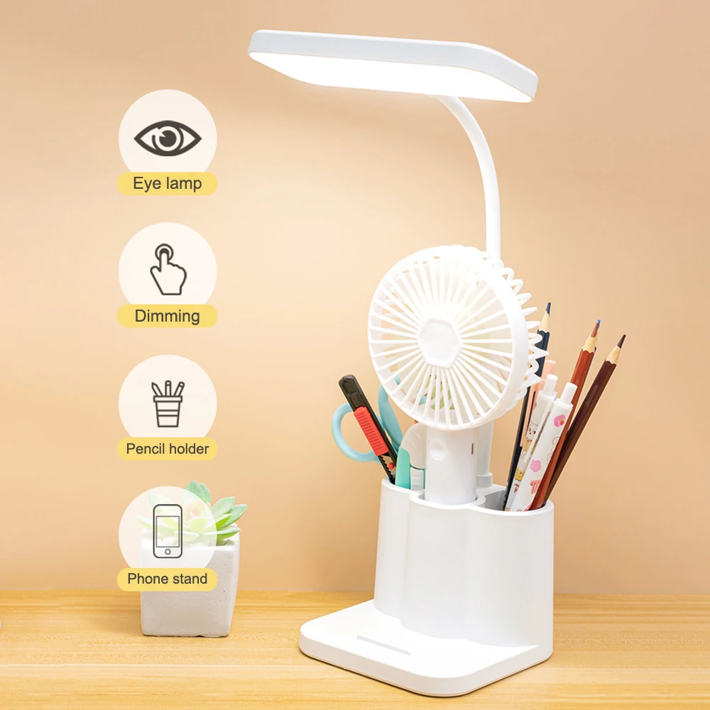 Rechargeable LED Table Lamp with Pen Holder Flexible Desk Light Eye Protection Study Reading Lamp Touch Dimming Bedside Light